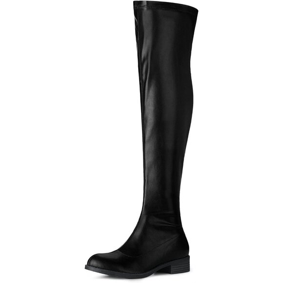 Women's Black Faux Leather Thigh High Low Block Heel Fashion Over the Knee Boots - Picture 1 of 7